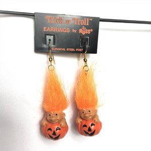VTG Russ Orange Troll Pumpkin Dangle Earrings Halloween